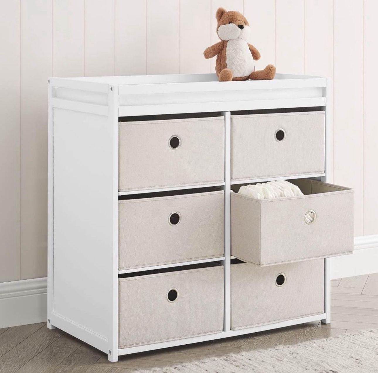 Changing Table with Fabric Bins, Bianca White/Flax Bins, New in Box