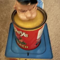 POPEYE MUSIC BOX MATTEL 1950'S SPINACH TIN CAN JACK IN THE BOX TOY