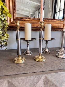 Silver and Gold Pillar Candlestick Holders Set of 2