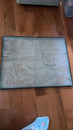 Art Deco Etched Glass with dolphin playing in the ocean
