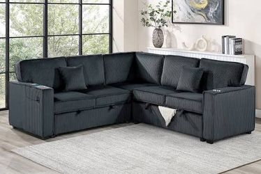 New Sectional With Pullout Bed. Black. 90x90x36H. Free Delivery!