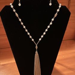 X-Long beaded silver necklace and earring set.  