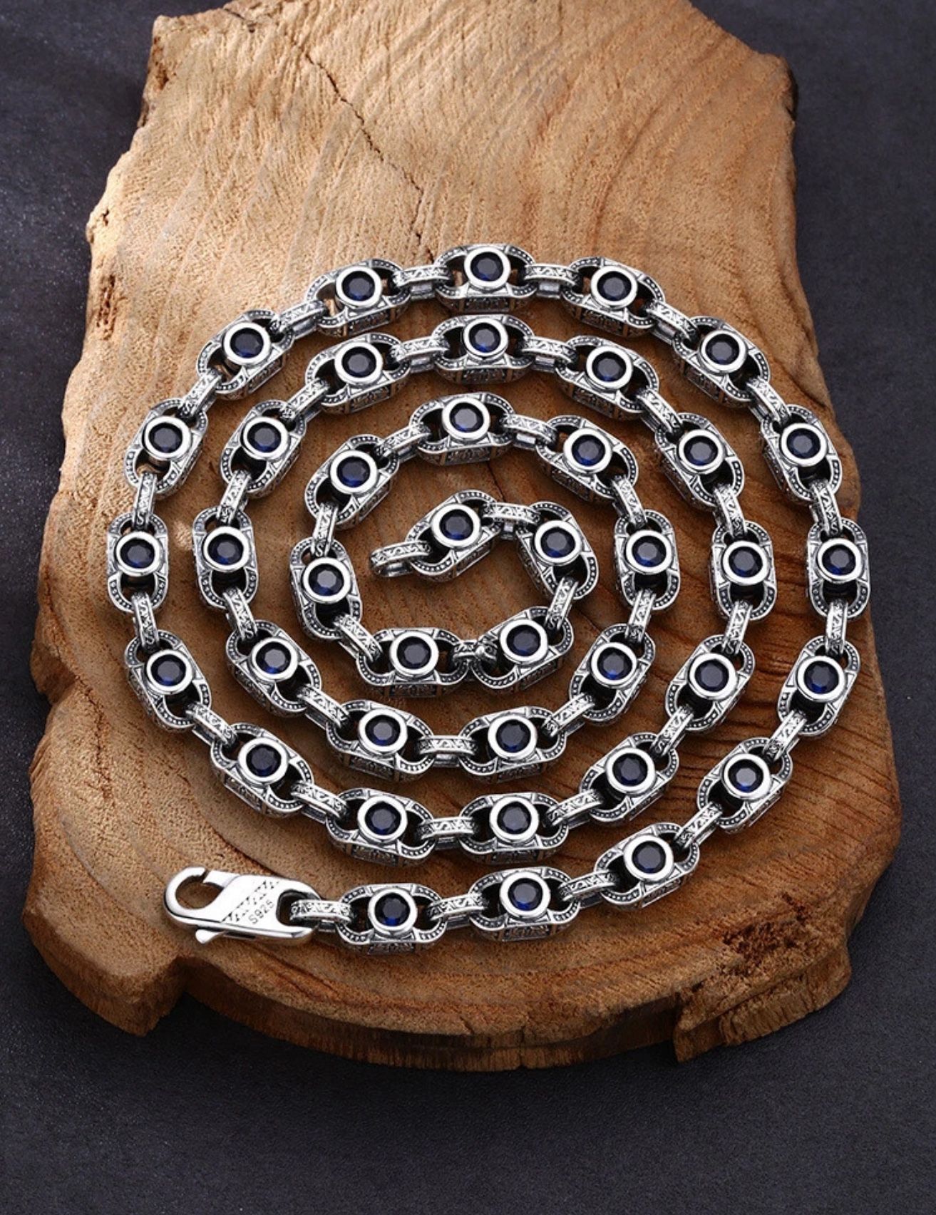 925 Sterling Silver Chain | Blue Zirconia Stones | 22" Long, 83g Solid