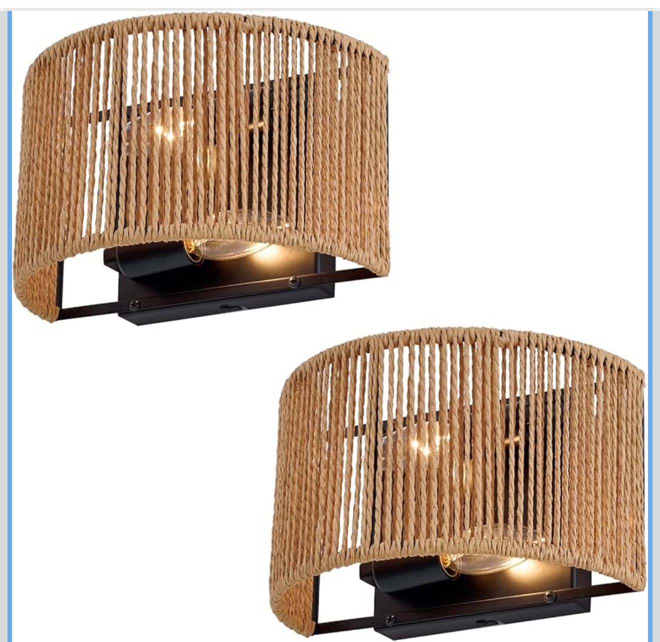 Set of Two, Wall Hanging Lamps with Hand Woven Hemp Rope Shade