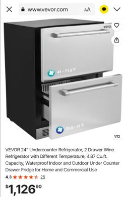 VEVOR 24" Undercounter Refrigerator, 2 Drawer Wine Refrigerator with Different Temperature, 4.87 Cu.ft. Capacity, Waterproof Indoor and Outdoor Under 
