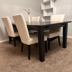Modern Dining Table Set • Black Wood Table • White Chairs • Wall Shelves • Home Furniture