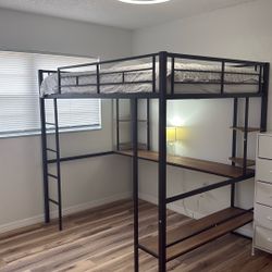 Full Loft Bed with Desk + Shelves + Mattress – Perfect for Kids – $200