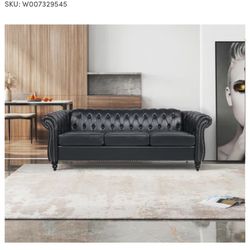 84” Black Faux Leather Tufted Chesterfield