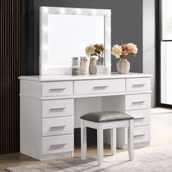 HIGH GLOSS WHITE FINISH 2 PIECE VANITY TABLE DESK CABINET HOLLYWOOD BULB MIRROR - TOCADOR