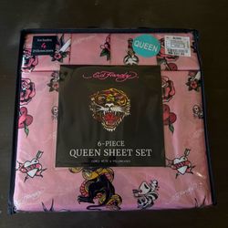 Pink Ed Hardy 6 Piece Queen Bed Sheets Set