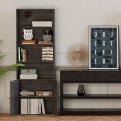 O872 Industrial Bookshelves and Bookcases with Doors Floor Standing 6 Shelf Display Storage Shelves 70 in Tall Bookcase for Home Office, Living 