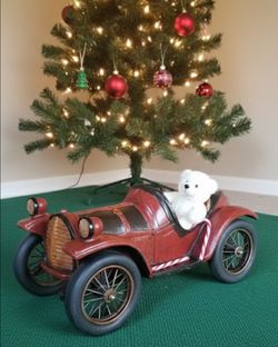 Beautiful LARGE Decorative Vintage Wooden Carved Black Red Roadster CAR DECOR 21" Long!