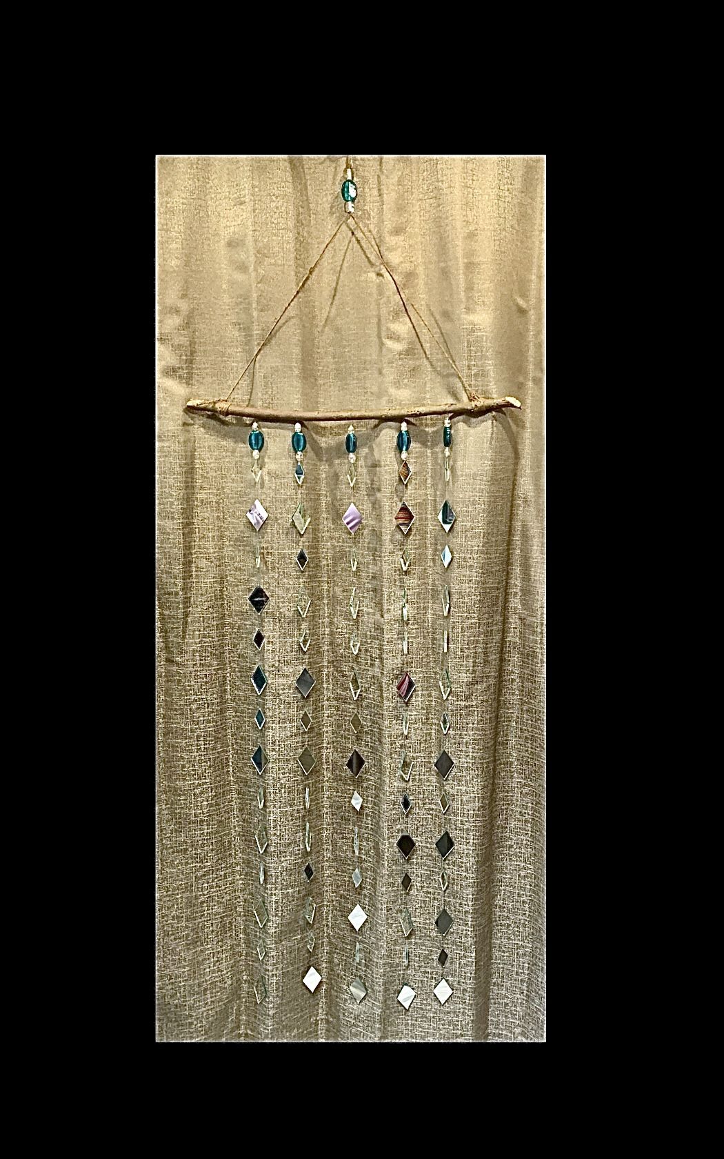 Diamond Shaped Lozenge Mirrors & Teal Glass Beads XL Wind Chime Sun Catcher Mobile