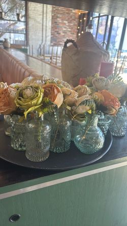 Set of Decorative Glass Vases with Artificial Plants