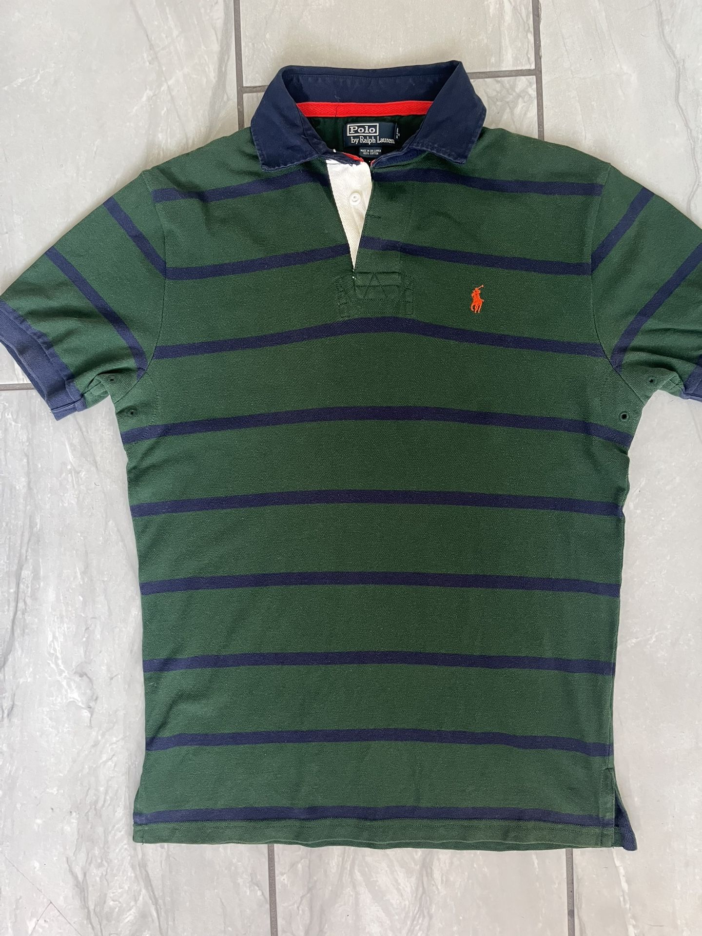 Polo Ralph Lauren Shirt Men's Medium Green Stripe Classic Rugby Vintage Polo