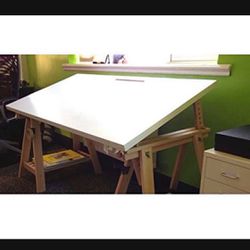 Ikea Linnmon White Desk Table 59x30" with 2 Beech Wood Brown Trestle Shelf Legs Height and Angle Adjustable, Drawing Table