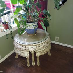 Table Antique Carved Wood  Set With Stools
