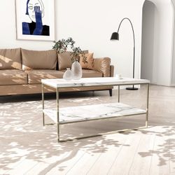 White Marble Print Coffee Table with Gold Metal Legs