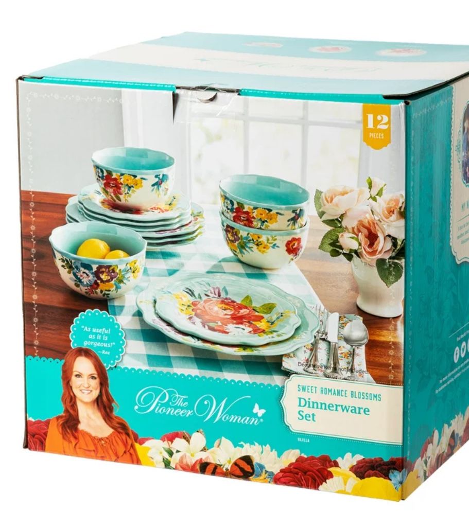 The Pioneer Woman Sweet Rose Light Blue Stoneware 12-Piece Dinnerware Set