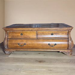  Heavy Ornate Wood Coffee Table with Drawers and Faux Leather Inlay French Country Vintage Style