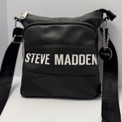 Steve Madden Black Crossbody Bag Faux Leather Adjustable Strap Logo