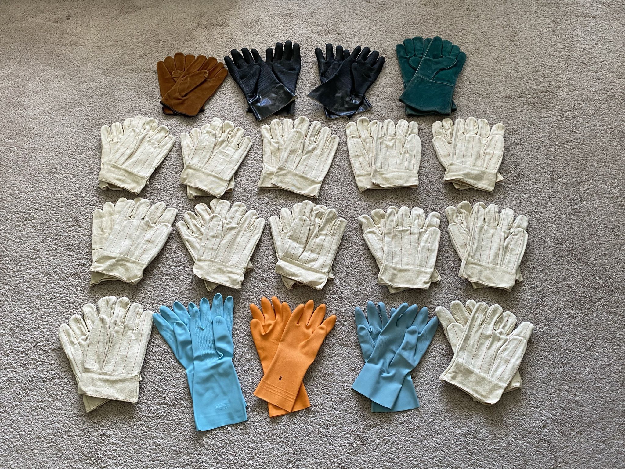 Gloves, industrial, lot of 19 pairs, all new.  Industrial 100% cotton work gloves,  12 pairs. Leather welders gloves, 1 pair. Leather work gloves, 1 p