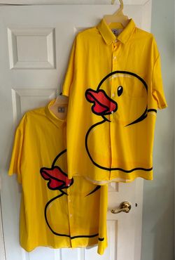 Yellow Rubber Duck Costume Graphic Short Sleeve Button-Up Shirt Men’s or Women’s L & 2XL