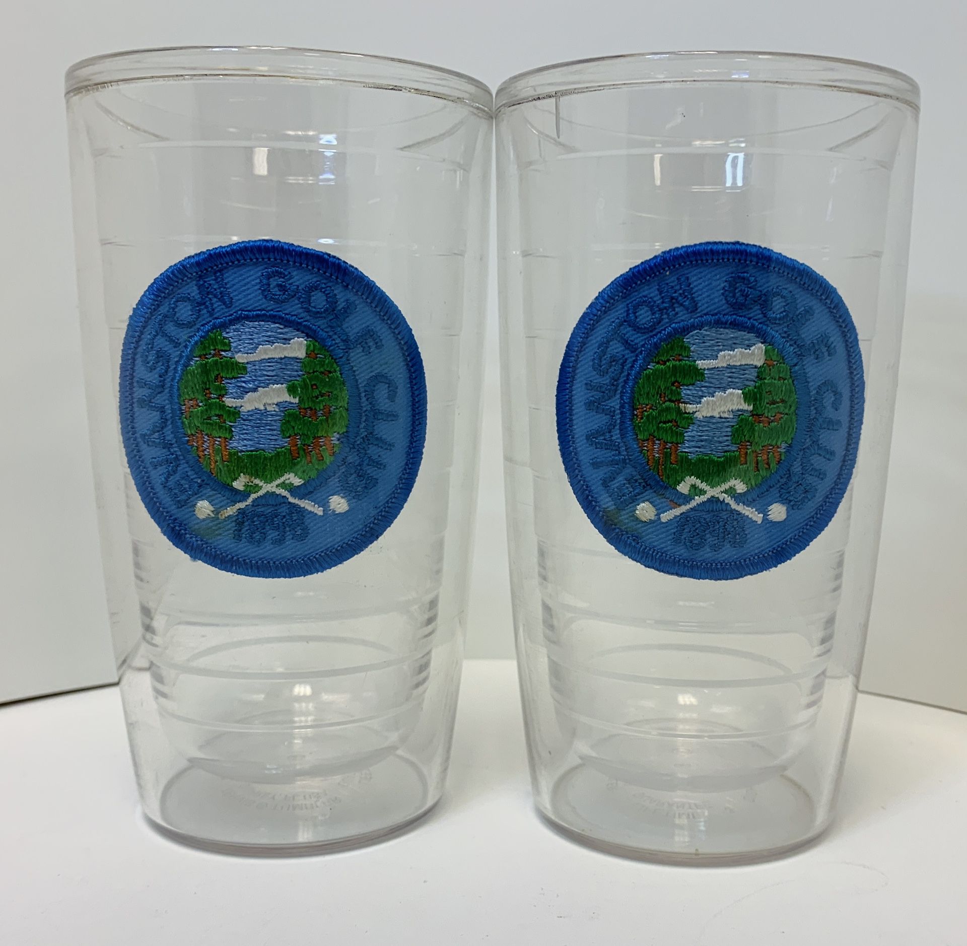Evanston Golf Club 2 Double-Walled Plastic DRINKING GLASSES w/Club Seal Badges!