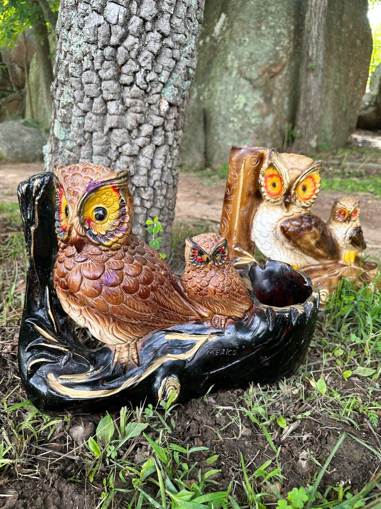 Pair Vintage Chalkware Owl Planter Vases MCM