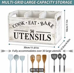 Wooden Utensil Holder for Kitchen Counter Decor,Extra Large Kitchen Utensil Holder Silverware Caddy Farmhouse Wood Cutlery Holder Cooking Utensil Stan