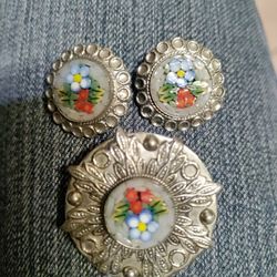 Vintage 3 Piece Set Silver Micro Mosaic Brooch & Earrings