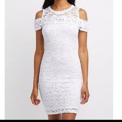 Ambiance White Lace Cold Shoulder Midi Dress wedding/ party dress