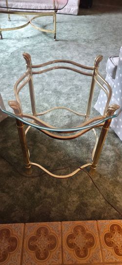 Set of 3 Glass and Brass tables, Hollywood Regency Style