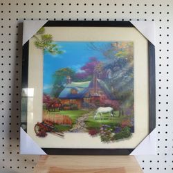 3D Pastoral Scene Picture - Country Cottage with Trees & Horses Grazing 17x17 in