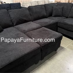 New 113” Chennile Sectional Couch, U-Shaped Sectional Sofa, Couch, Sectionals, Sectional And Ottoman, Couch, Black Sectional, Reversible Chaise Sofa D