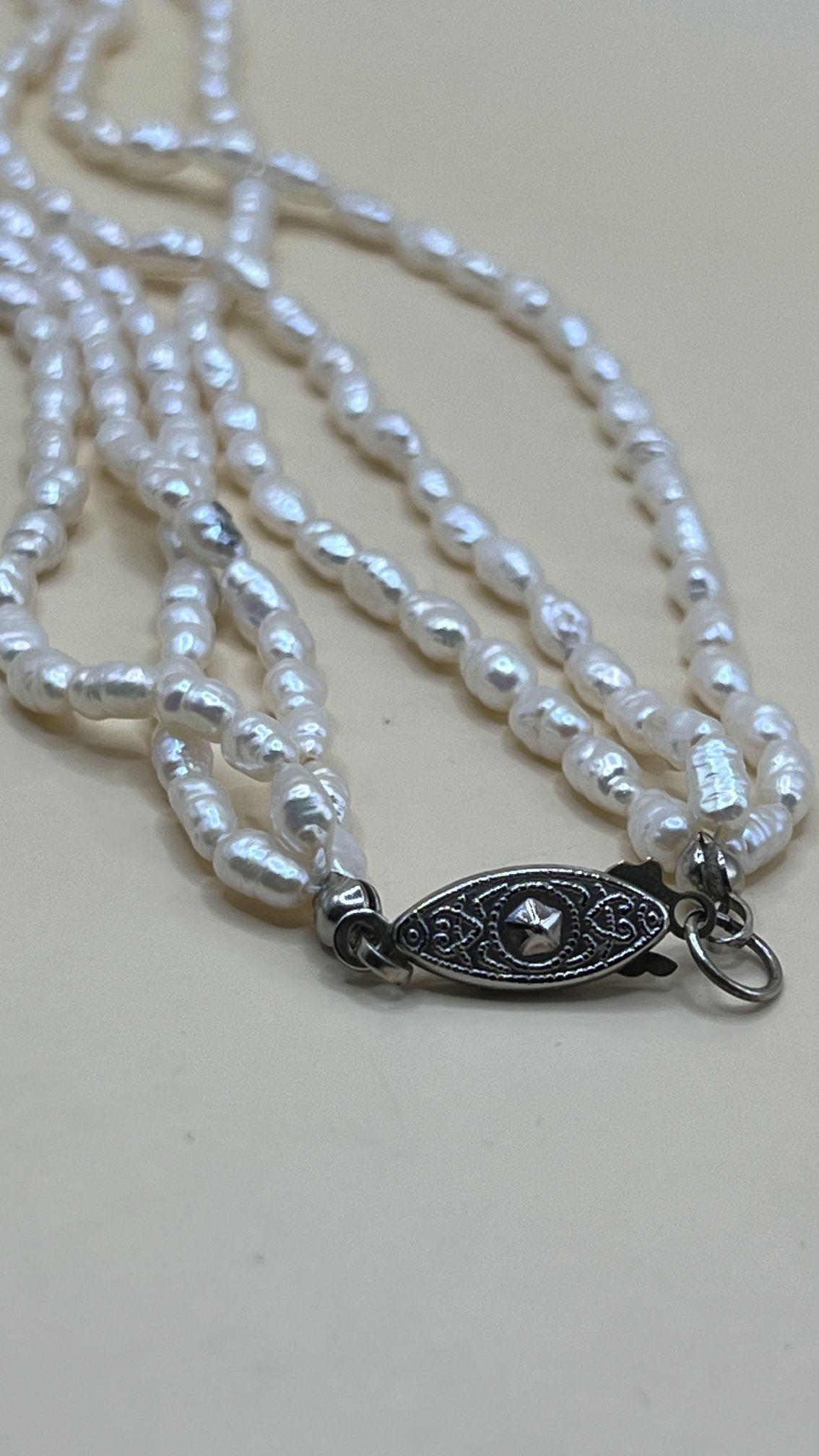 Vintage Three Strand Genuine Rice Pearl Necklace Choker