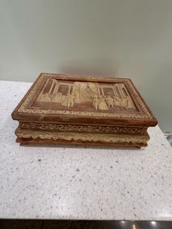 Incolay Stone Masquerade Ball Reuge Swiss Musical Movement Jewelry Box Handcraft. Working movement. Used in good with some cosmetic blemishes and impe