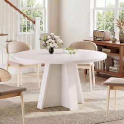 47" Round Dining Table for 6, Modern Wooden Dinner Table for Kitchen Living Room, White