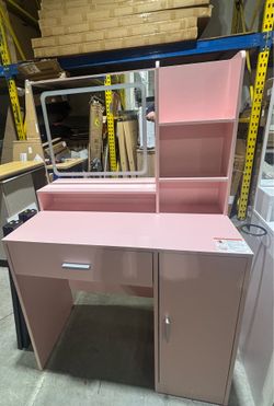 Vanity Desk with Mirror and Lights, Makeup Table with Drawer, Cabinet and Open Shelves, Bedroom Dressing Table with Charging Station, Pink