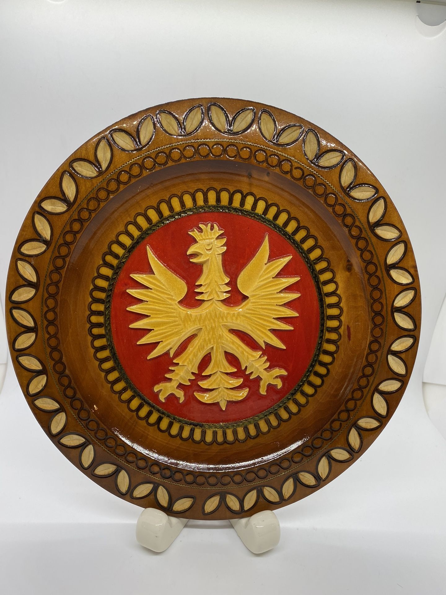 Vintage Carved Wood Polish Eagle Plate, lathe turned, carved raised eagle, signed, decorative plate, folk art, wall hanging, wooden plate