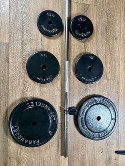 BRAND NEW 5 ft Silver Standard Bar & VINTAGE Weight Plates: 25s, 10s And 5s. (Total: 97 lbs)