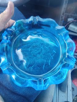 Blue Glass Ashtray with Floral Design