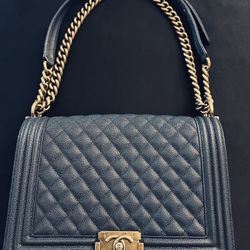 Chanel Boy Bag (Med- Caviar) Navy Blue Shoulder Bag