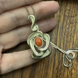 Vintage Heavy Sterling Silver Coral Rose Pendant With 20 Inch Chain 14.7 Grams
