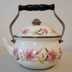 Normandy NY Enamel on Steel Vintage Kettle Tea Pot Pink Tiger Lilies Brass