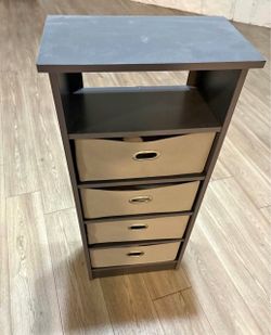 small storage shelf with fabric drawers