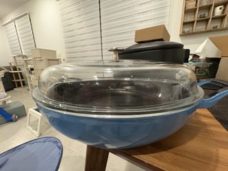 Staub 12 inch Cast Iron Perfect Pan Wok with Glass Lid - Ice Blue - Made in France
