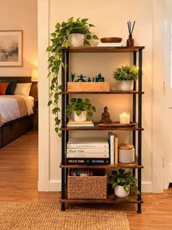 Industrial 5-Tier Bookshelf – Rustic Brown & Black Metal – Assembled