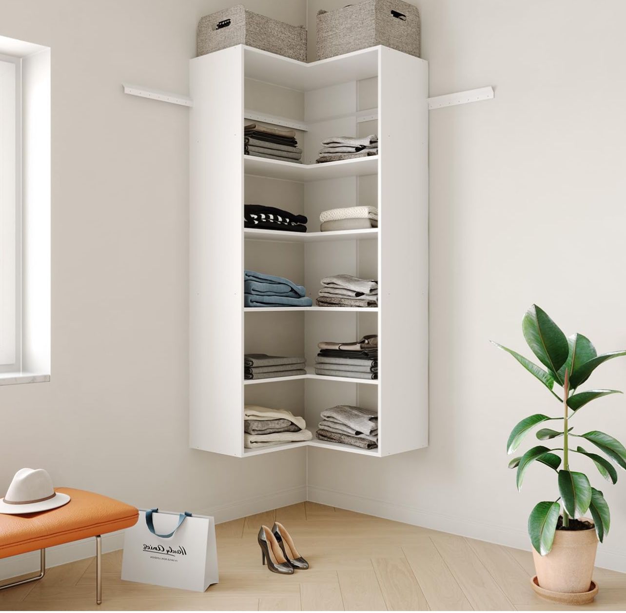 Closet System Corner Storage kit, with Hanging Rod and All Hardware Kits, Adjustable Shelves, Need to be Assembled, Manufactor Wood with White Color f