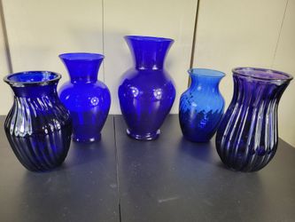 Set of 5 Blue Glass Decorative Vases – Mixed Sizes – Home Decor